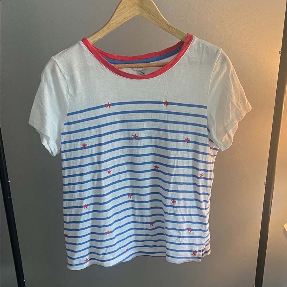 Joules White Tee with Blue Stripes and Red Accents